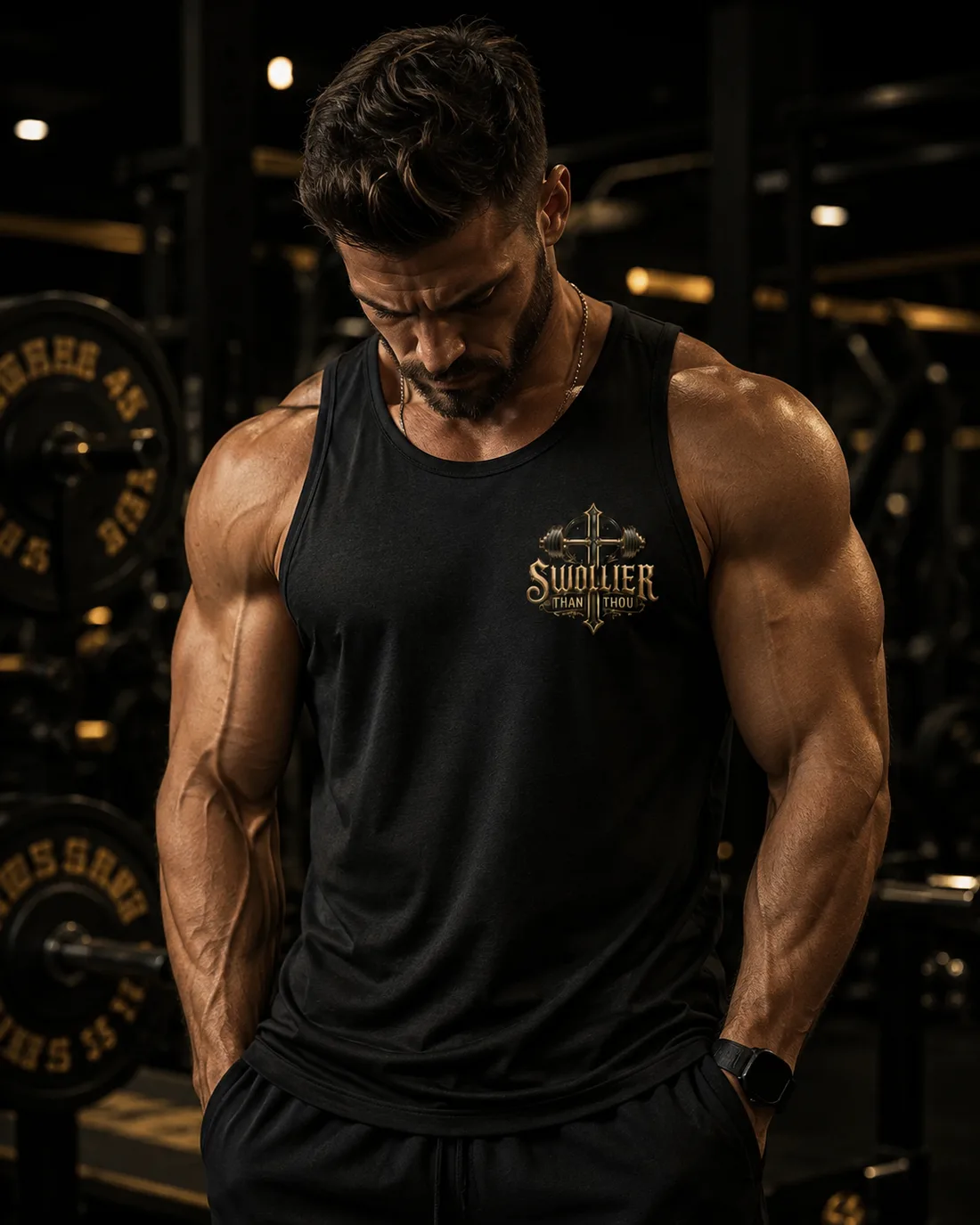 Athlete in the black Swollier Than Thou training tank, head lowered, in a dark gym