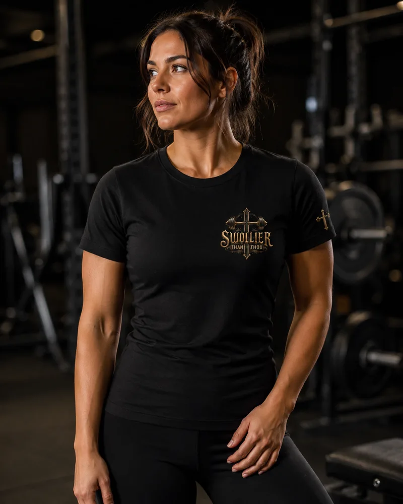 Athletic woman in the black Swollier Than Thou fitted tee in a gym