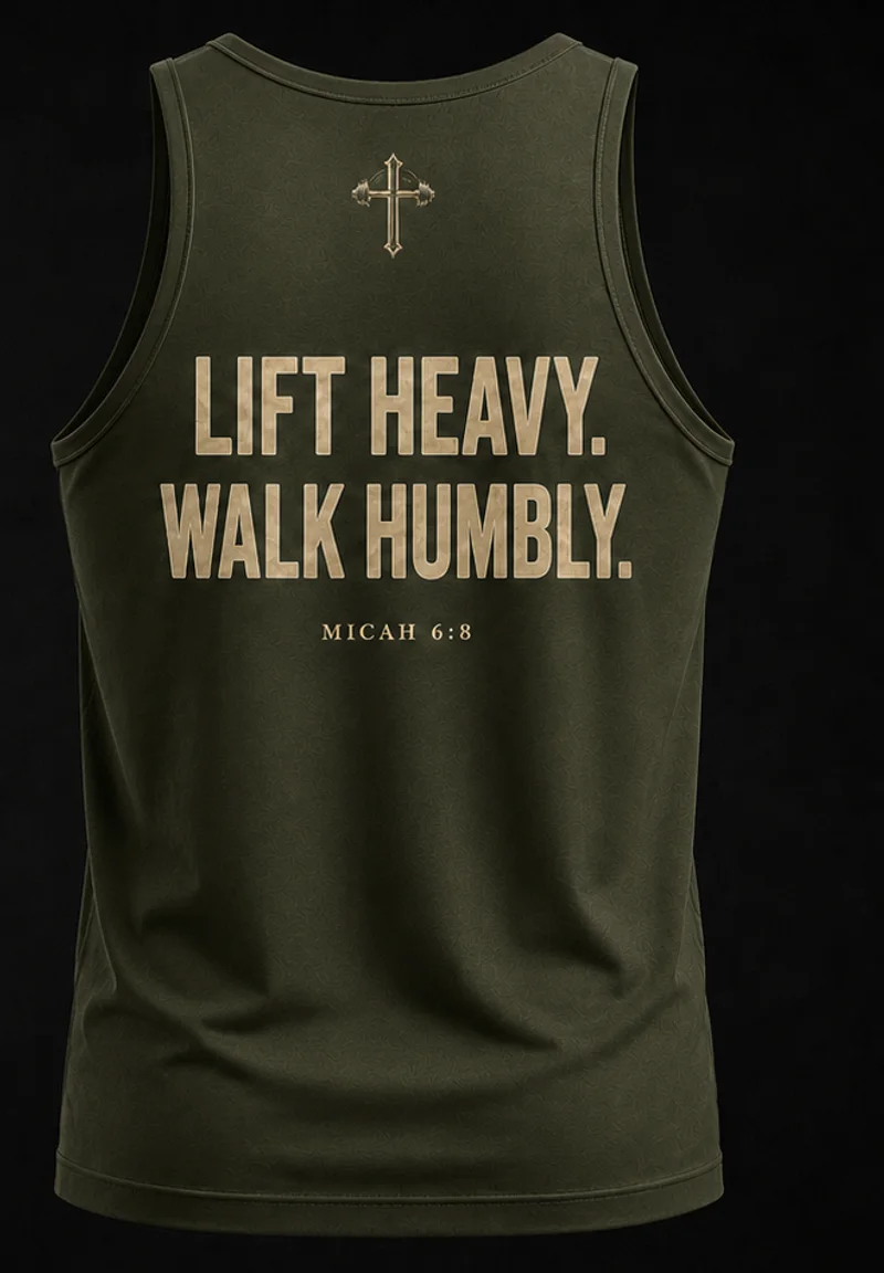 Men's Swollier Than Thou training tank, back print reading Lift Heavy. Walk Humbly. Micah 6:8