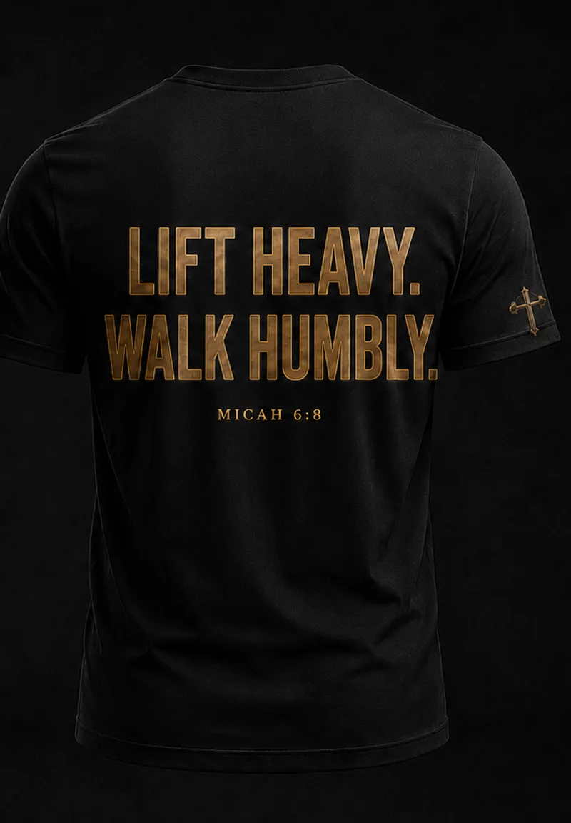 Men's Swollier Than Thou tee, back print reading Lift Heavy. Walk Humbly. Micah 6:8