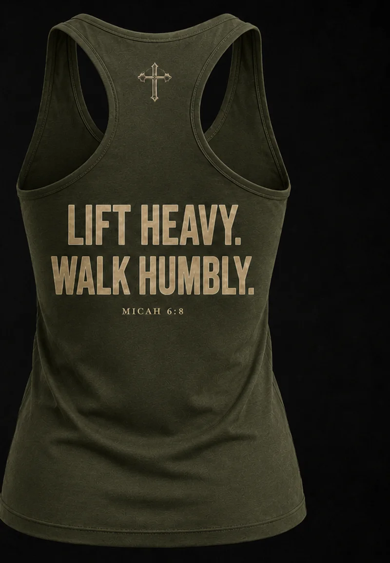 Women's Swollier Than Thou racerback tank, back print reading Lift Heavy. Walk Humbly. Micah 6:8