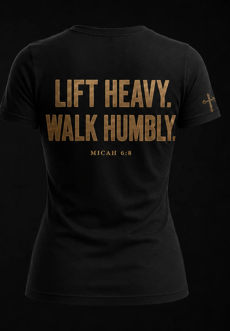 Women's Swollier Than Thou tee, back print reading Lift Heavy. Walk Humbly. Micah 6:8